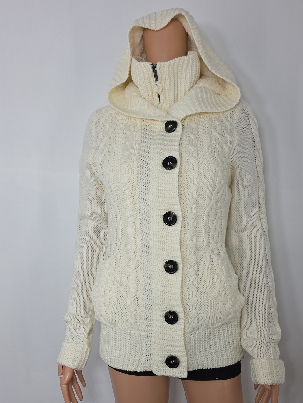 Ci Sono By Cavalini Cream Cable Knit Hooded Button-Up Sweater Size M NWT